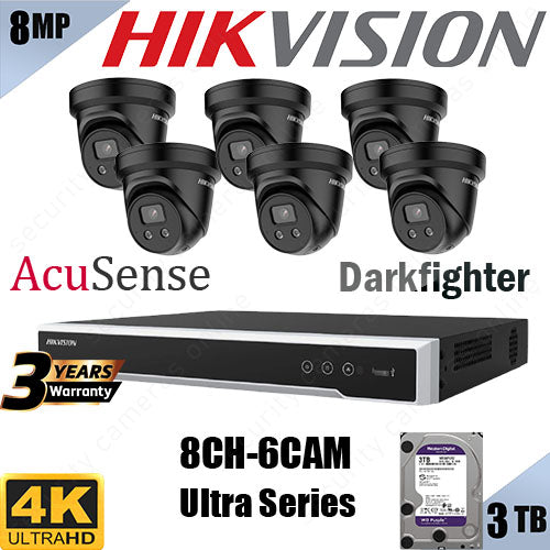 Hikvision 8 Channel CCTV Kit - 6 x 8MP Acusense Turret Security Cameras - Black